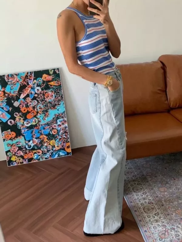 都市隨性拼色丹寧寬褲 