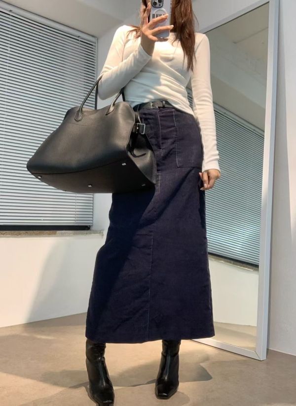 秋冬的時髦質感-皮帶燈芯絨裙(2色) 