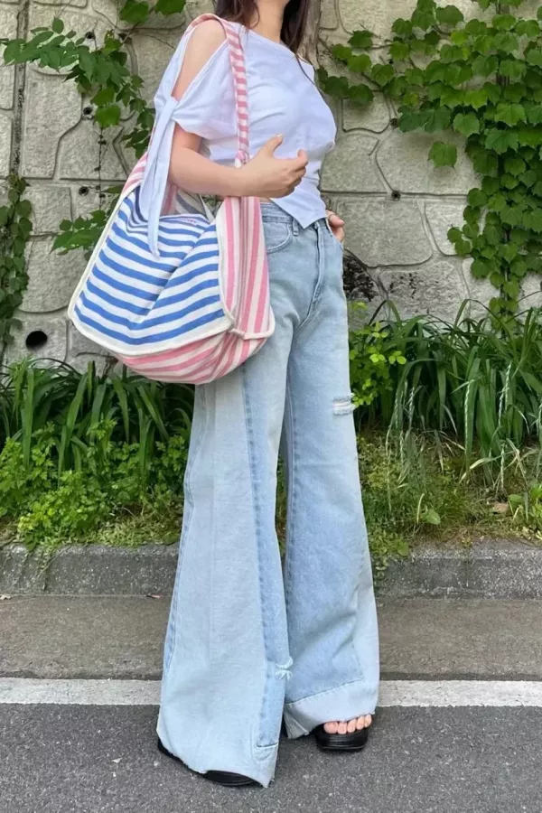 都市隨性拼色丹寧寬褲 