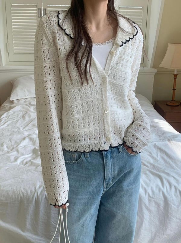 法式波浪領針織上衣 