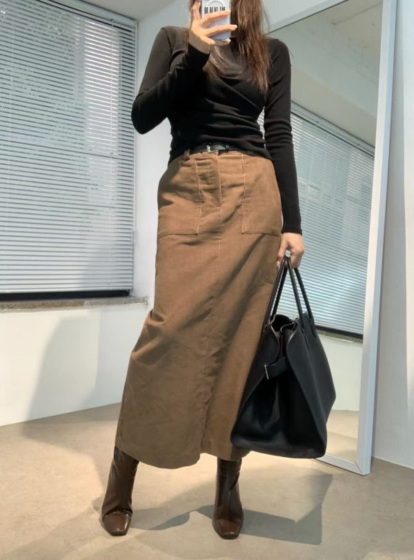 秋冬的時髦質感-皮帶燈芯絨裙(2色) 