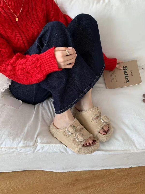 溫暖舒適雙帶毛毛拖鞋(3色) 