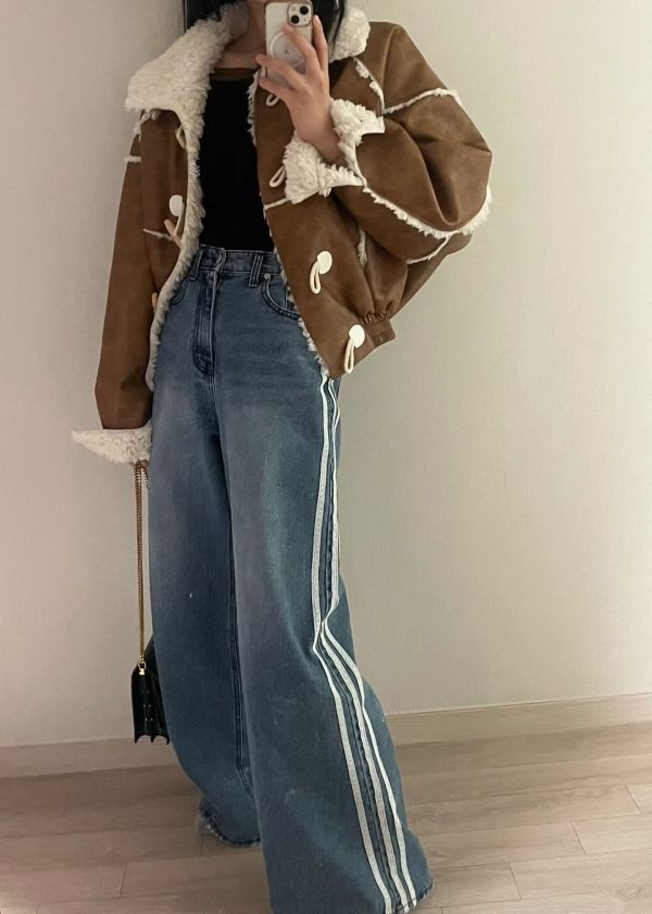 經典雙縫蕾絲寬版丹寧褲 