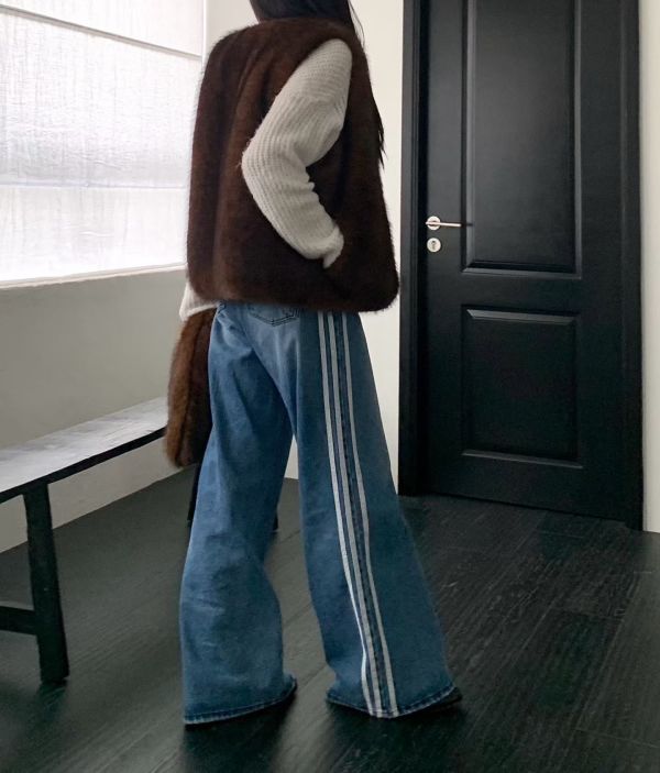 經典雙縫蕾絲寬版丹寧褲 