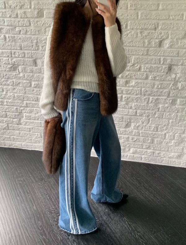 經典雙縫蕾絲寬版丹寧褲 