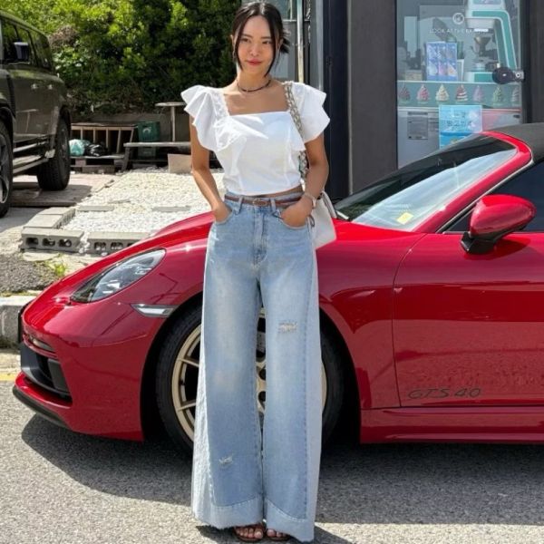 都市隨性拼色丹寧寬褲 