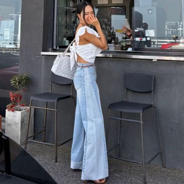 都市隨性拼色丹寧寬褲 