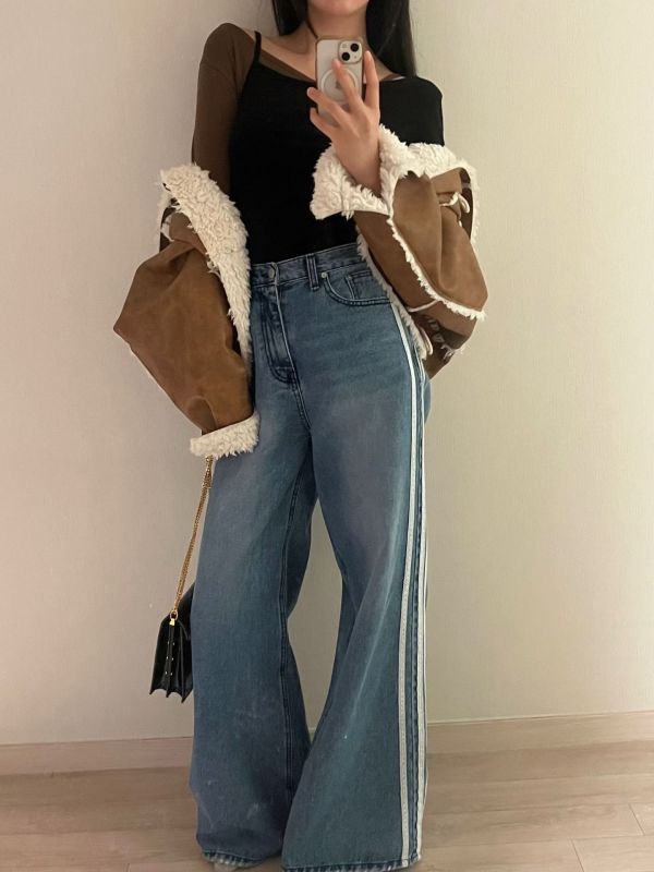 經典雙縫蕾絲寬版丹寧褲 