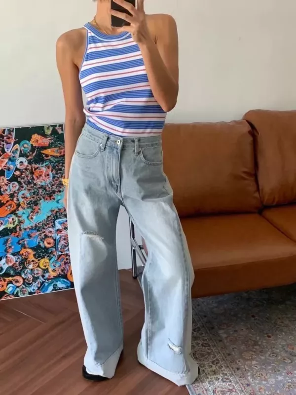 都市隨性拼色丹寧寬褲 