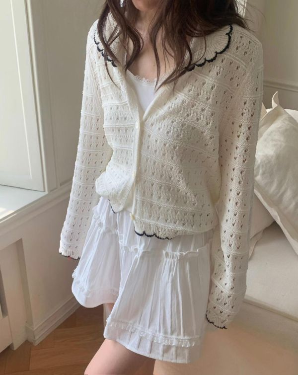 法式波浪領針織上衣 