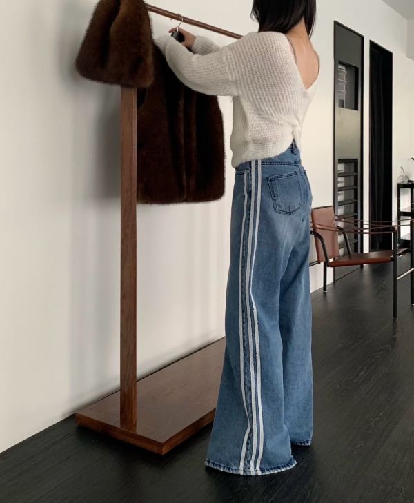 經典雙縫蕾絲寬版丹寧褲 