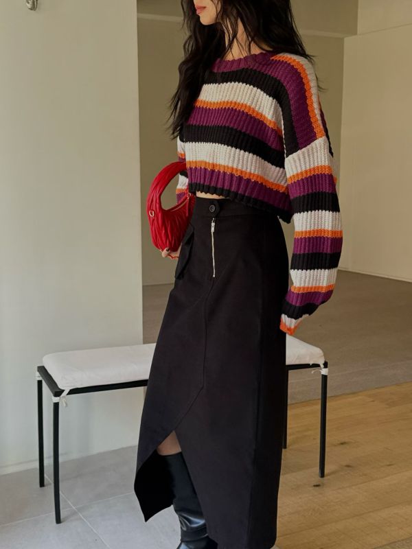 輕盈俐落不對稱開衩長裙(2色) 