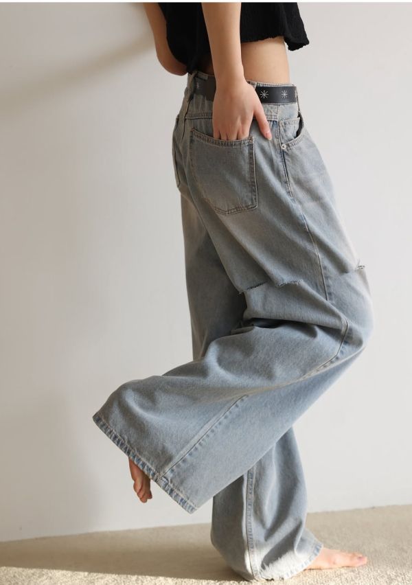 復古刷色後割破丹寧褲 