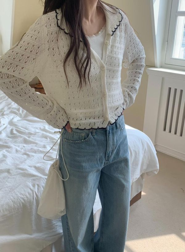 法式波浪領針織上衣 