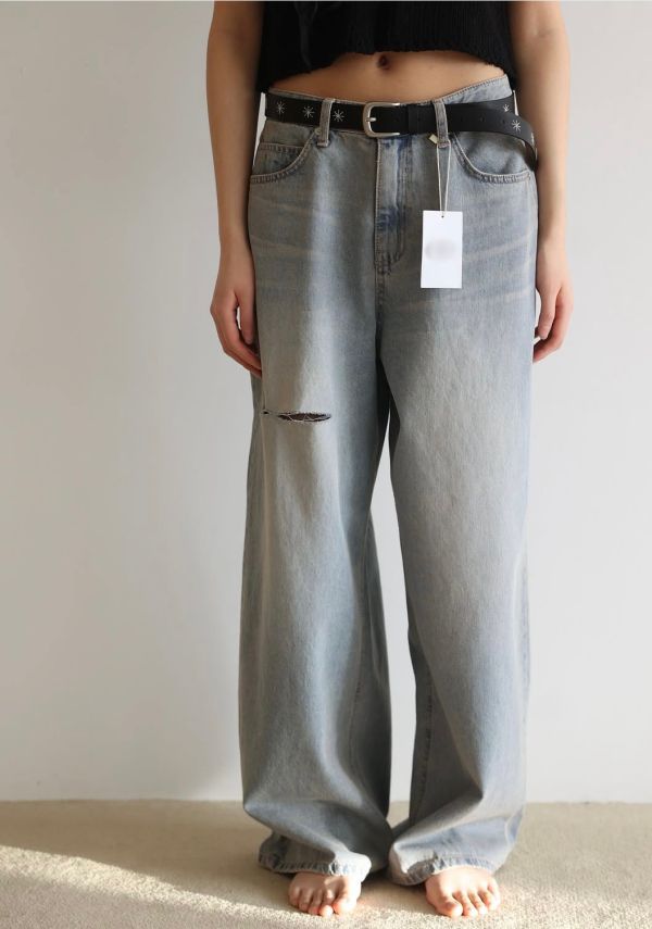 復古刷色後割破丹寧褲 