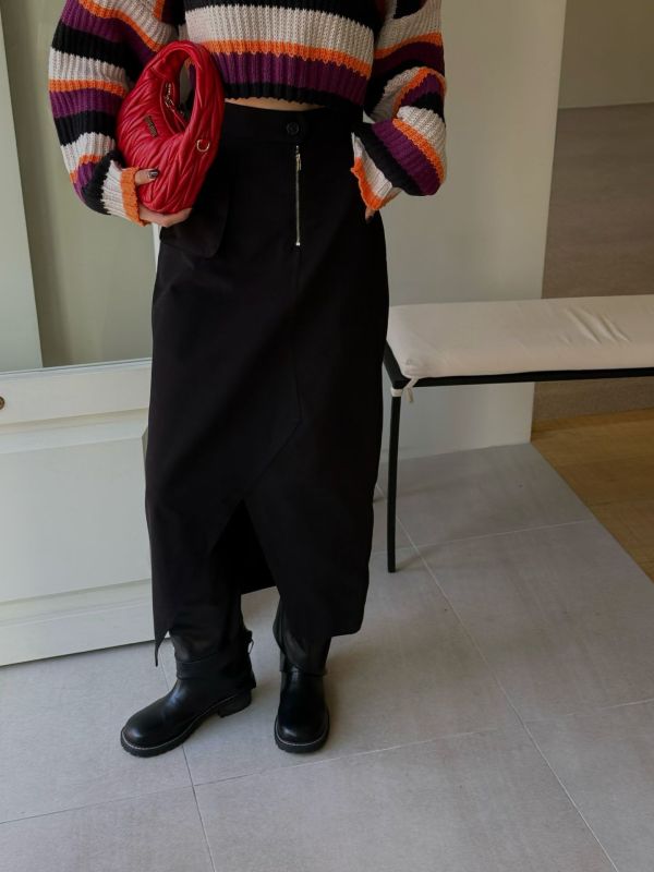 輕盈俐落不對稱開衩長裙(2色) 