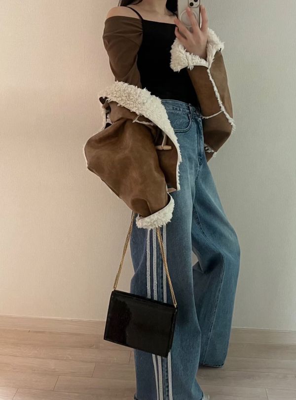 經典雙縫蕾絲寬版丹寧褲 