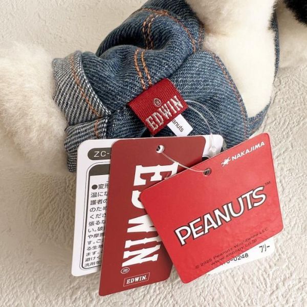 EDWIN X PEANUTS 丹寧吊帶褲史努比/歐拉夫玩偶 