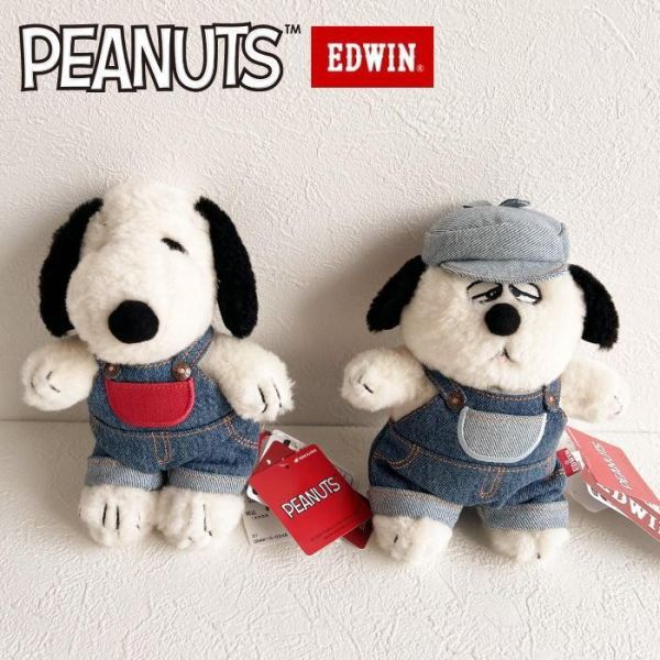 EDWIN X PEANUTS 丹寧吊帶褲史努比/歐拉夫玩偶 