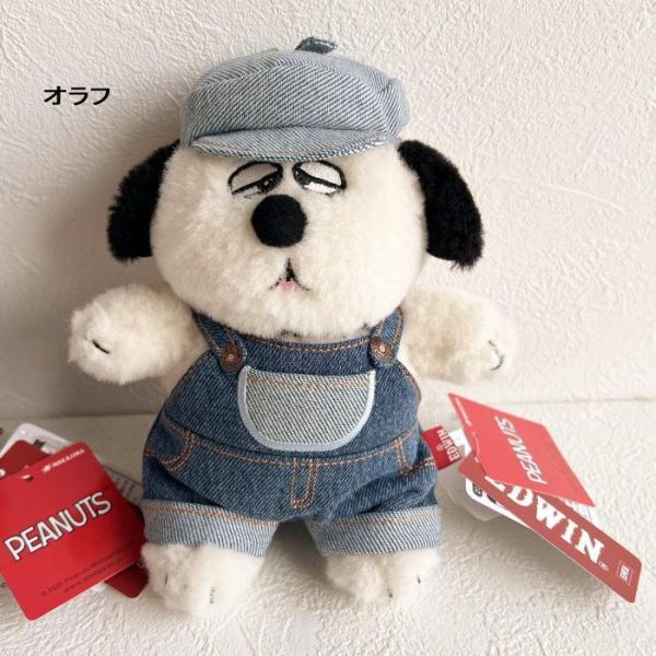 EDWIN X PEANUTS 丹寧吊帶褲史努比/歐拉夫玩偶 