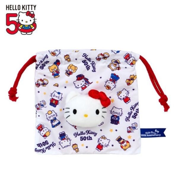 Hello Kitty 50周年紀念 家人滿版印花 束口袋/化妝包 