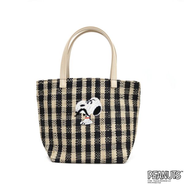 Chicks 史努比拉菲草編棋盤格刺繡手提包 