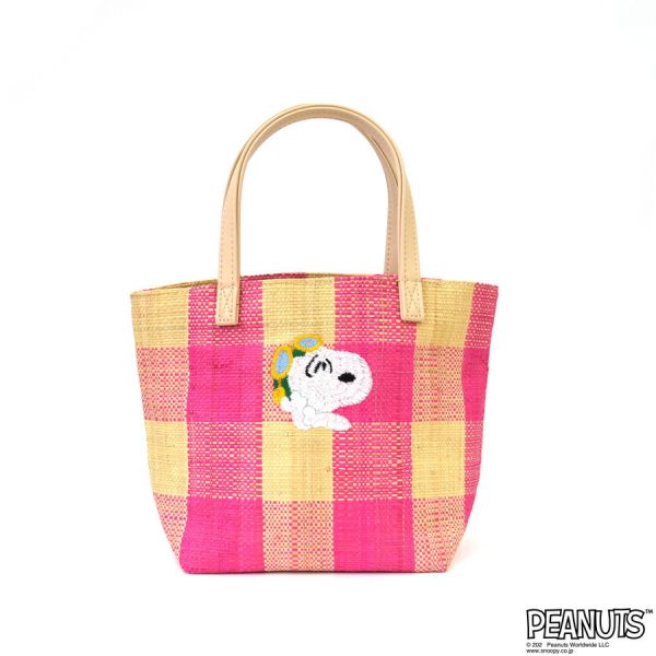 Chicks 史努比拉菲草編棋盤格刺繡手提包 