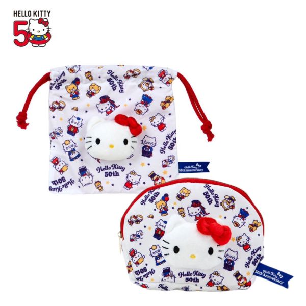 Hello Kitty 50周年紀念 家人滿版印花 束口袋/化妝包 