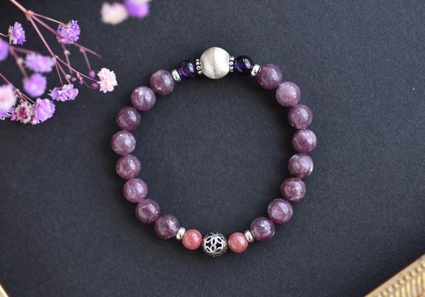 閃耀鋰雲母+玫瑰石+紫水晶純銀手鍊 鋰雲母,玫瑰石,紫水晶,手鍊,水晶,水晶手鍊