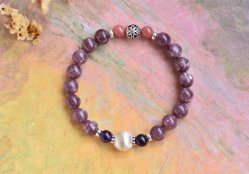 閃耀鋰雲母+玫瑰石+紫水晶純銀手鍊 鋰雲母,玫瑰石,紫水晶,手鍊,水晶,水晶手鍊