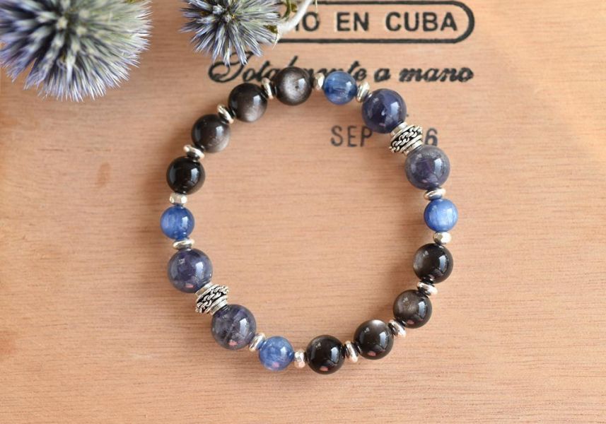 銀曜石+藍晶石+堇青石純銀手鍊 銀曜石,藍晶石,堇青石,水晶手鍊,水晶,手鍊