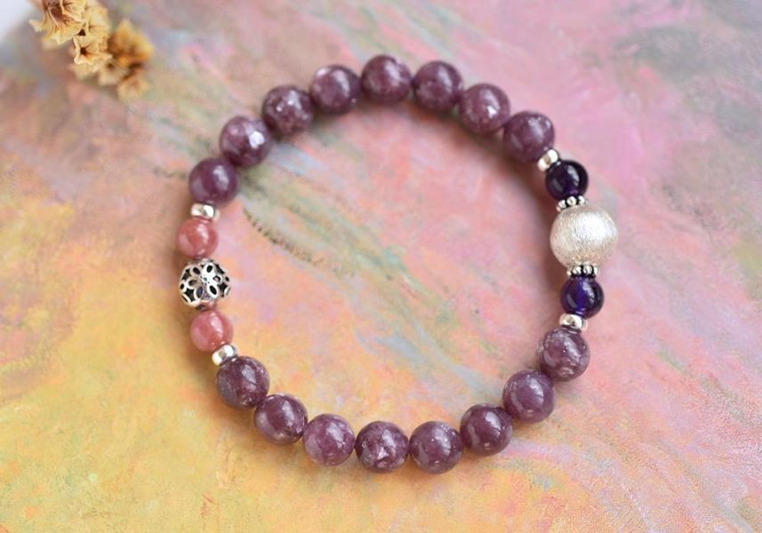 閃耀鋰雲母+玫瑰石+紫水晶純銀手鍊 鋰雲母,玫瑰石,紫水晶,手鍊,水晶,水晶手鍊