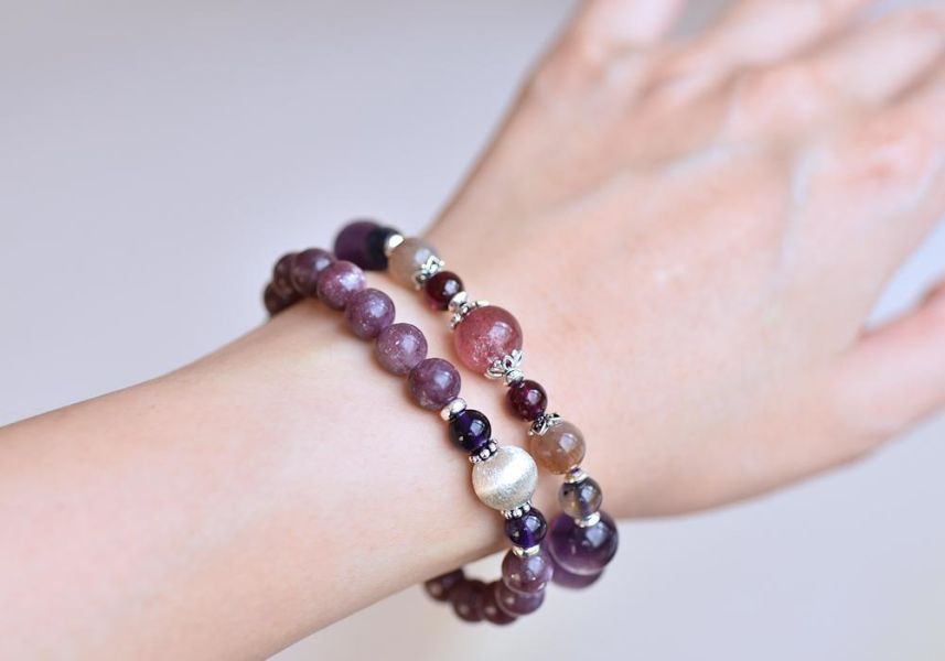 閃耀鋰雲母+玫瑰石+紫水晶純銀手鍊 鋰雲母,玫瑰石,紫水晶,手鍊,水晶,水晶手鍊