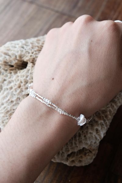 粼粼 ｜天然珍珠與貝殼雙鍊手鍊 #純銀項鍊 #錐形墜飾純銀項鍊