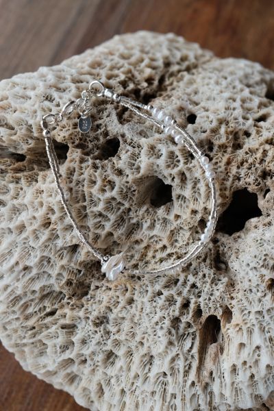 粼粼 ｜天然珍珠與貝殼雙鍊手鍊 #純銀項鍊 #錐形墜飾純銀項鍊