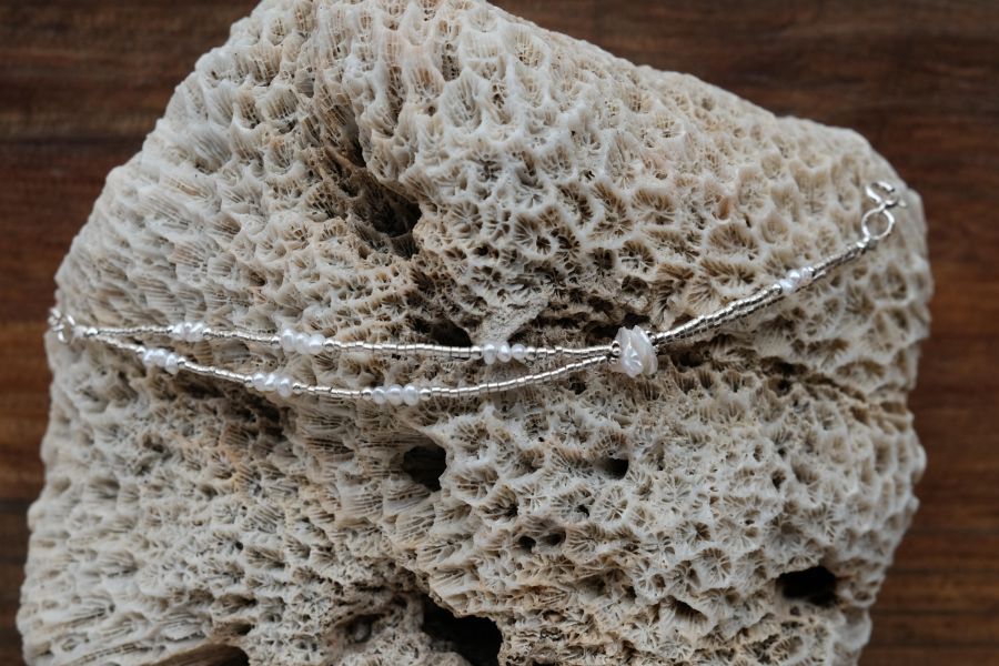 粼粼 ｜天然珍珠與貝殼雙鍊手鍊 #純銀項鍊 #錐形墜飾純銀項鍊