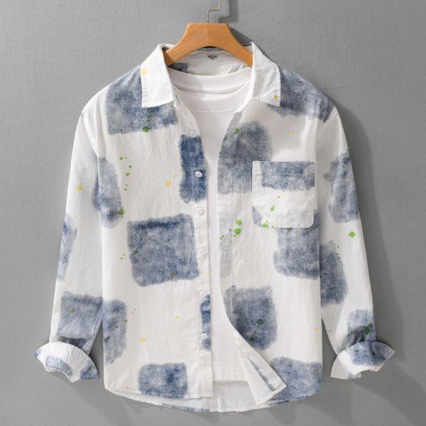 漆點拼接印花長袖襯衫 通勤襯衫,上班襯衫,約會穿搭襯衫,休閒襯衫,簡約襯衫,質感穿搭,文青風,極簡百搭,通勤,日常都好穿,極簡穿搭首選,男裝,親膚涼爽,輕量通風,適合夏日穿著,襯衫,長袖襯衫,短袖襯衫,質感,簡約,外套,襯衫式外套,長袖上衣,襯衫,格紋襯衫,牛仔襯衫,寬鬆襯衫,格紋襯衫,條紋襯衫