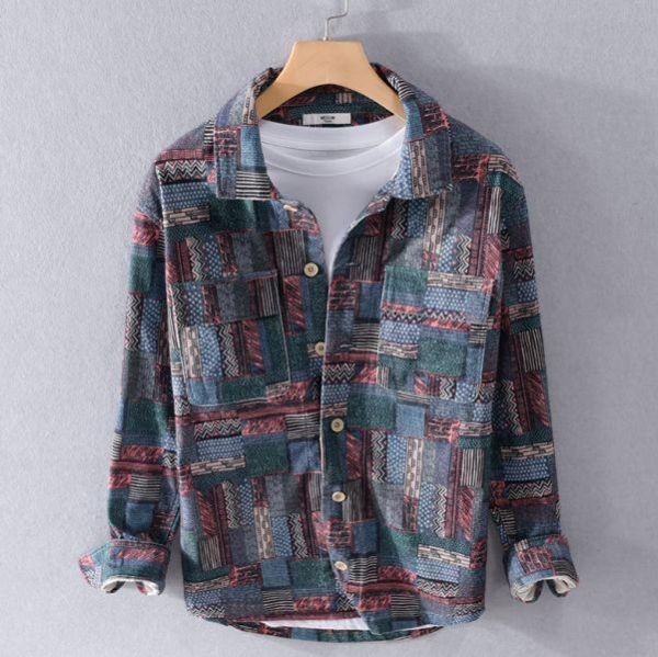 翻領長袖花襯衫外套 透氣棉麻服飾,親膚涼爽,輕量通風,適合夏日穿著,復古衣著,休閒服飾,清涼透氣,日系風格,簡約服飾,男裝,秋冬穿著,中性服飾,春夏穿著