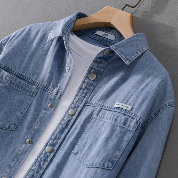 翻領雙口袋牛仔薄襯衫 透氣棉麻服飾,親膚涼爽,輕量通風,適合夏日穿著,復古衣著,休閒服飾,清涼透氣,日系風格,簡約服飾,男裝,秋冬穿著,中性服飾,春夏穿著,套裝