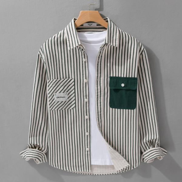 拼接雙口袋條紋襯衫(2色) 透氣棉麻服飾,親膚涼爽,輕量通風,適合夏日穿著,復古衣著,休閒服飾,清涼透氣,日系風格,簡約服飾,男裝,秋冬穿著,中性服飾,春夏穿著,套裝,襯衫,長褲,長袖襯衫,短袖襯衫,西裝褲,長袖,外套,質感,簡約