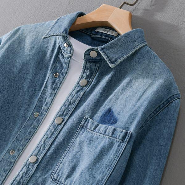 單口袋牛仔長袖襯衫 透氣棉麻服飾,親膚涼爽,輕量通風,適合夏日穿著,復古衣著,休閒服飾,清涼透氣,日系風格,簡約服飾,男裝,秋冬穿著,中性服飾,春夏穿著,套裝