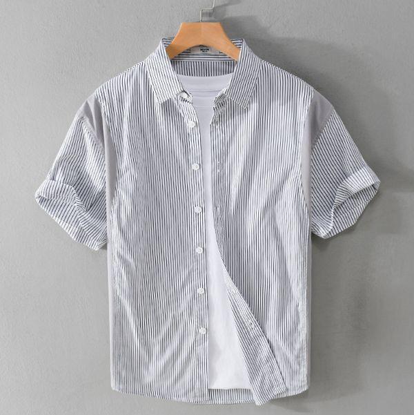 拼接直條紋短袖襯衫 透氣棉麻服飾,親膚涼爽,輕量通風,適合夏日穿著,復古衣著,休閒服飾,清涼透氣,日系風格,簡約服飾,男裝,秋冬穿著,中性服飾,春夏穿著,套裝