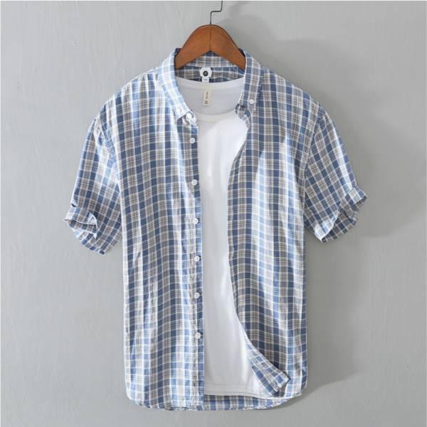 舒適格紋短袖襯衫 透氣棉麻服飾,親膚涼爽,輕量通風,適合夏日穿著,復古衣著,休閒服飾,清涼透氣,日系風格,簡約服飾,男裝