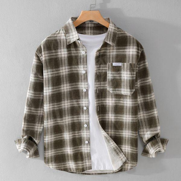 單口袋格紋長袖襯衫 透氣棉麻服飾,親膚涼爽,輕量通風,適合夏日穿著,復古衣著,休閒服飾,清涼透氣,日系風格,簡約服飾,男裝,秋冬穿著,中性服飾,春夏穿著,套裝