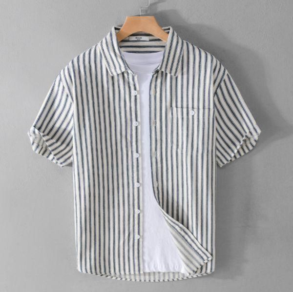 質感條紋休閒襯衫 透氣棉麻服飾,親膚涼爽,輕量通風,適合夏日穿著,復古衣著,休閒服飾,清涼透氣,日系風格,簡約服飾,男裝,秋冬穿著,中性服飾,春夏穿著,套裝