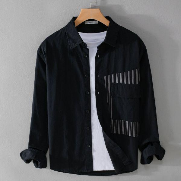 拼接口袋條紋襯衫(2色) 透氣棉麻服飾,親膚涼爽,輕量通風,適合夏日穿著,復古衣著,休閒服飾,清涼透氣,日系風格,簡約服飾,男裝,秋冬穿著,中性服飾,春夏穿著,套裝