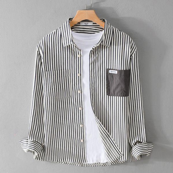 條紋拼接長袖襯衫(3色) 透氣棉麻服飾,親膚涼爽,輕量通風,適合夏日穿著,復古衣著,休閒服飾,清涼透氣,日系風格,簡約服飾,男裝,秋冬穿著,中性服飾,春夏穿著,套裝