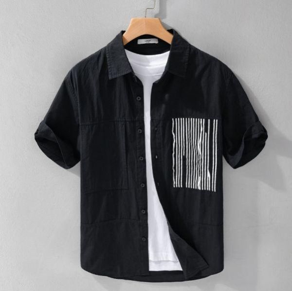不規則條紋短袖襯衫 透氣棉麻服飾,親膚涼爽,輕量通風,適合夏日穿著,復古衣著,休閒服飾,清涼透氣,日系風格,簡約服飾,男裝,秋冬穿著,中性服飾,春夏穿著,套裝