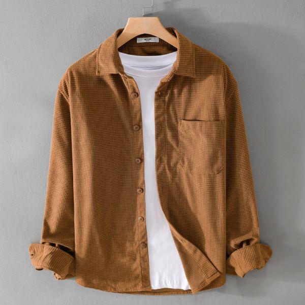 燈芯絨格紋長袖襯衫 透氣棉麻服飾,親膚涼爽,輕量通風,適合夏日穿著,復古衣著,休閒服飾,清涼透氣,日系風格,簡約服飾,男裝,秋冬穿著,中性服飾,春夏穿著,套裝