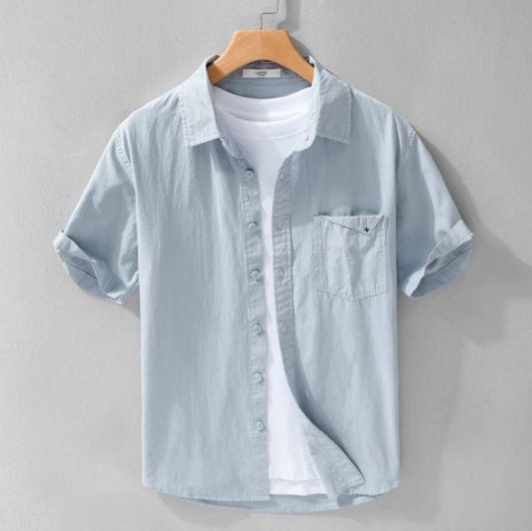 簡約單口袋短袖襯衫 透氣棉麻服飾,親膚涼爽,輕量通風,適合夏日穿著,復古衣著,休閒服飾,清涼透氣,日系風格,簡約服飾,男裝,秋冬穿著,中性服飾,春夏穿著,套裝